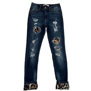 KanCan Sz 3 Distressed Leopard Print Patch Skinny Jeans Mob Wife  Grunge Revival
